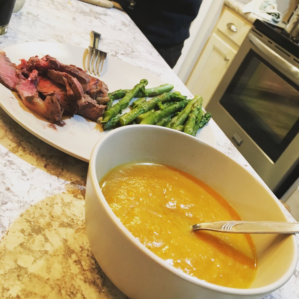 steak, asparagus, and butternut squash soup