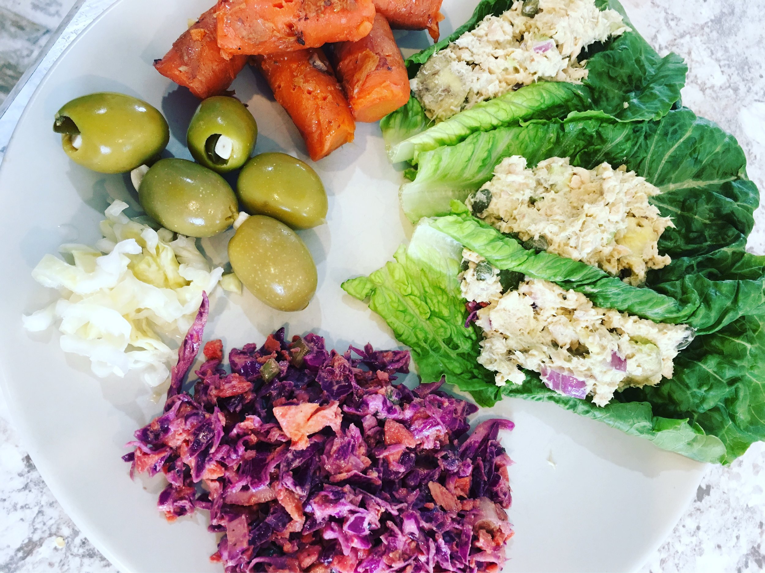 rosemary carrots, green olives, 'kraut, mexican slaw, and tuna salad wraps