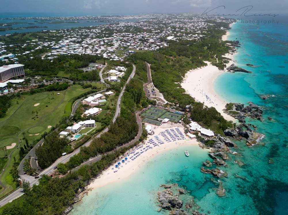 Birds eye view of our dive center in Whale Bay. Horseshoe Bay located on the right.