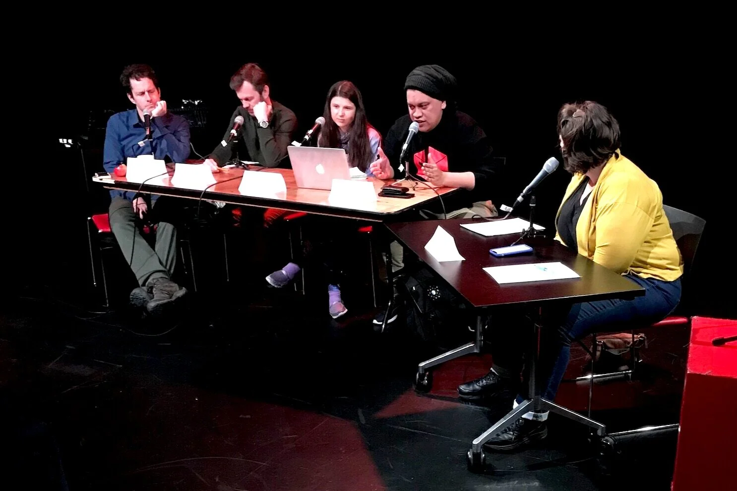The panelists of Yeah Nah, You Go: (L-R)  Ben Zolno, Brendon Bennetts, Bethany Miller, Wiremu Tuhiwai, Christine Brooks