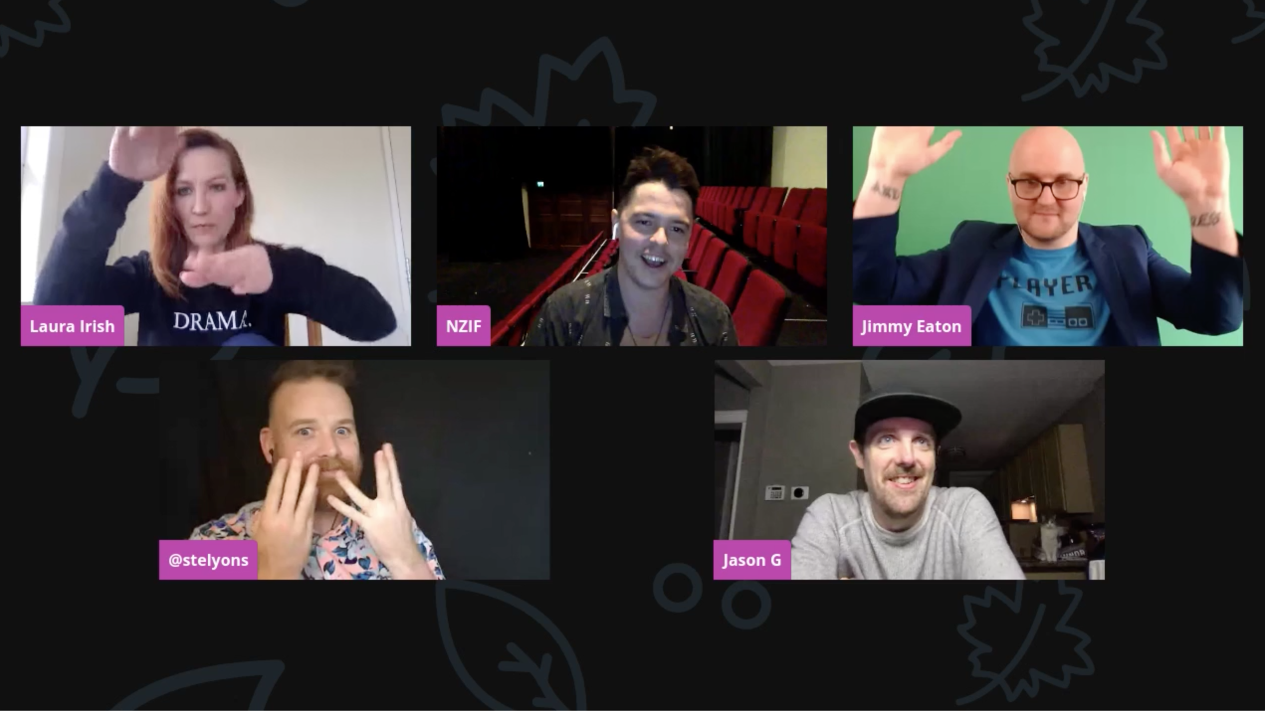 The panelists of Taking Heads Online: (L-R, top to bottom) Laura Irish, Aaron Douglass, Jimmy Eaton, Steven Lyons, Jason Geis