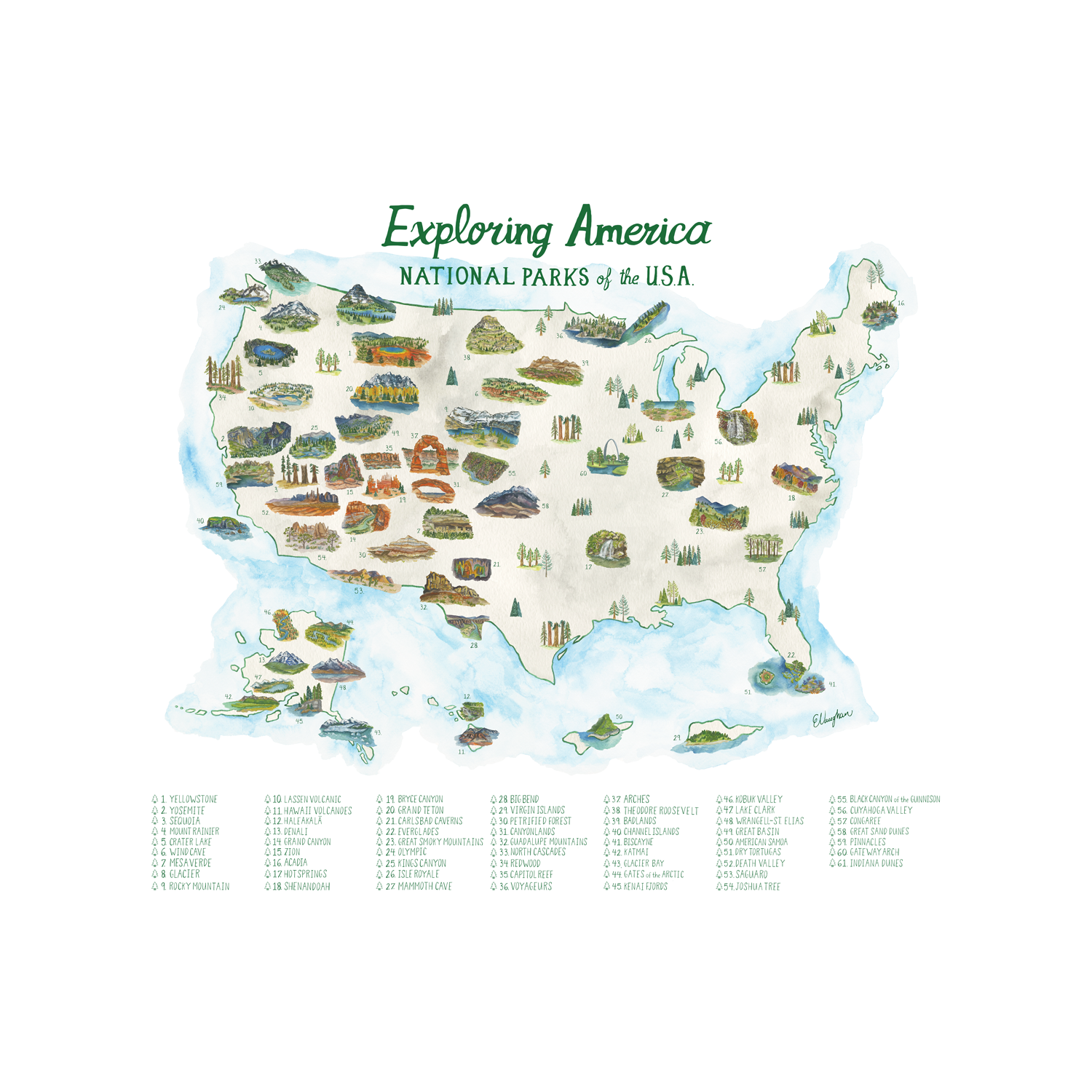 National Park Map Checklist Erin Vaughan Illustration