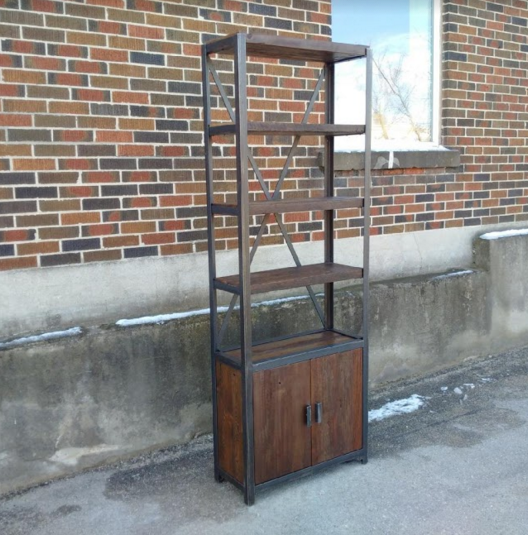 Shelving Units with Steel and Reclaimed Lumber with Storage Enclosure