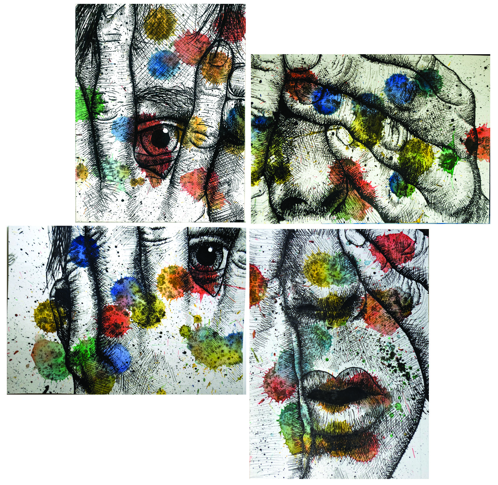 "Eye Won't Look" series sold as a pack of four individual prints bunched together. Each is roughly 4x6 printed on Etching Rag. 