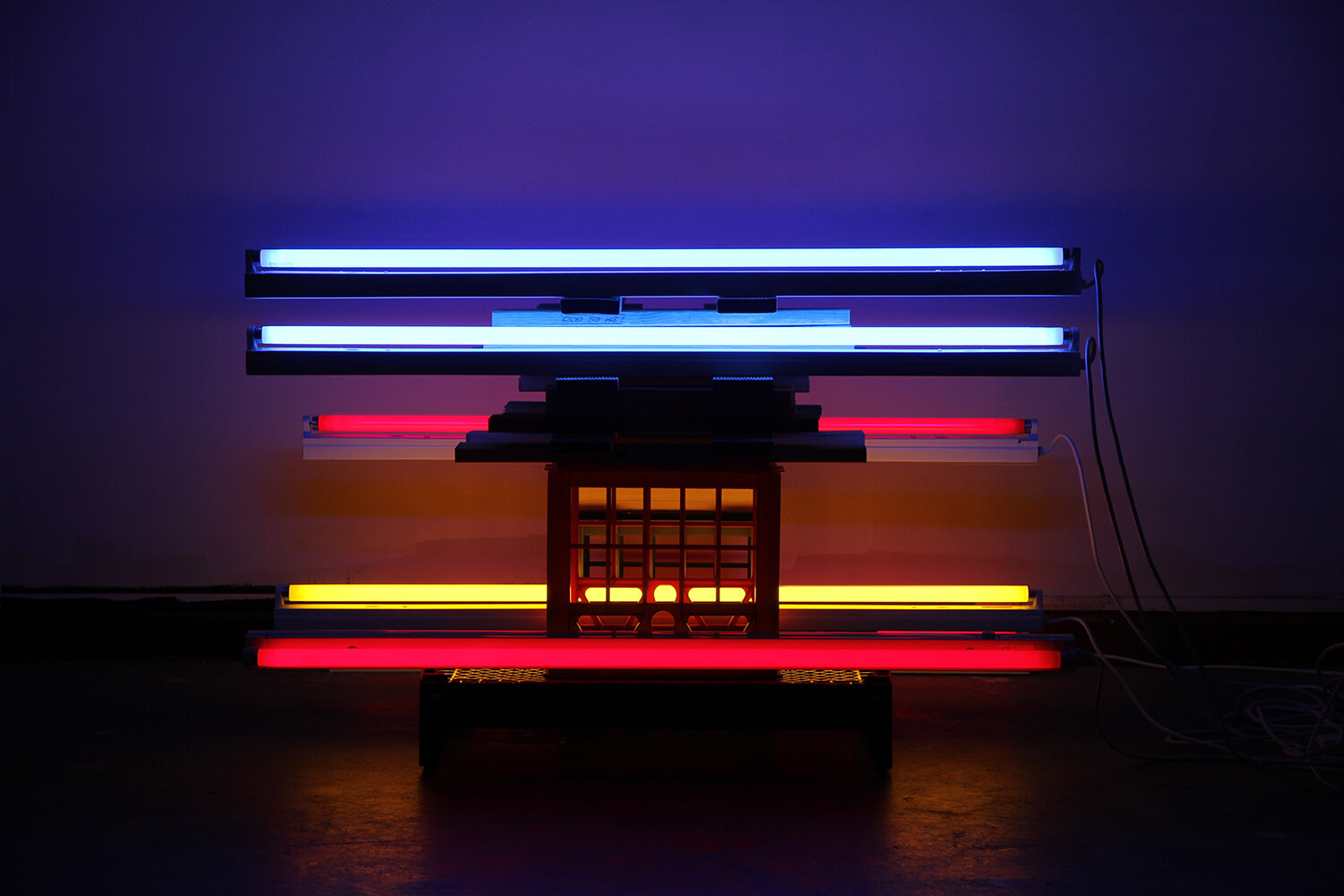 tokyo nights , 2017. Photographic work: Naomi Troski Materials: Fluorescent tubes, wood, plastic crates. Dimensions: variable. Project Space, Boyd Temporary, Melbourne.