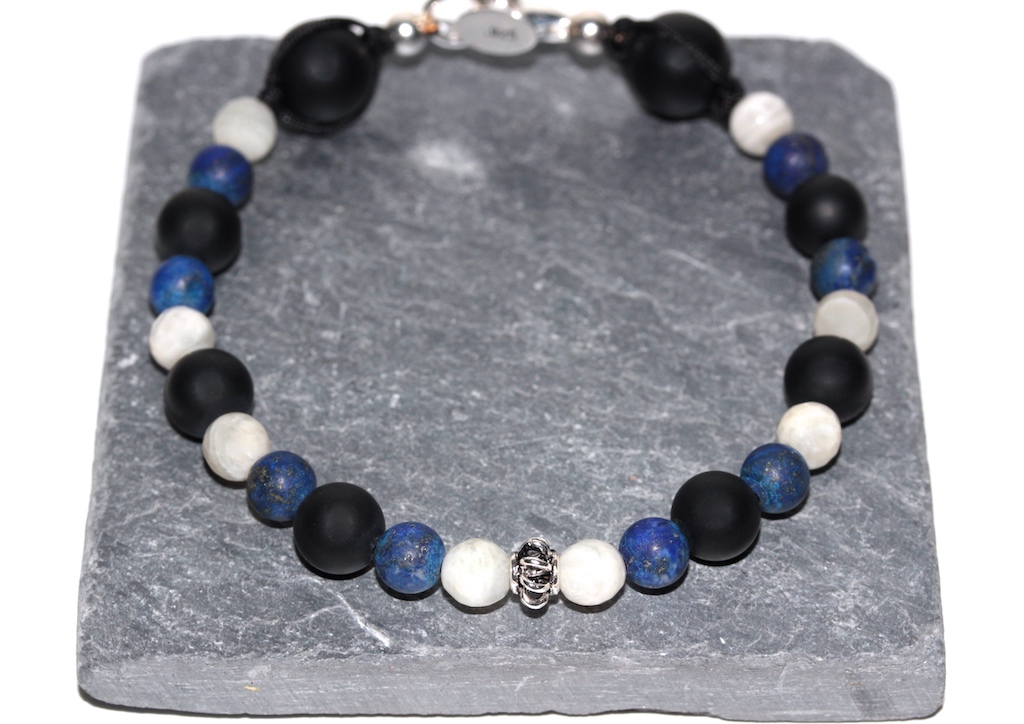 Bijou de poignet en Lapis lazuli, pierre de lune, onyx et argent 925