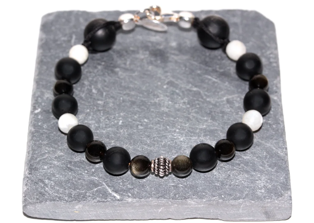 Bijou de poignet en Onyx, Obsidienne, Pierre de Lune et Argent