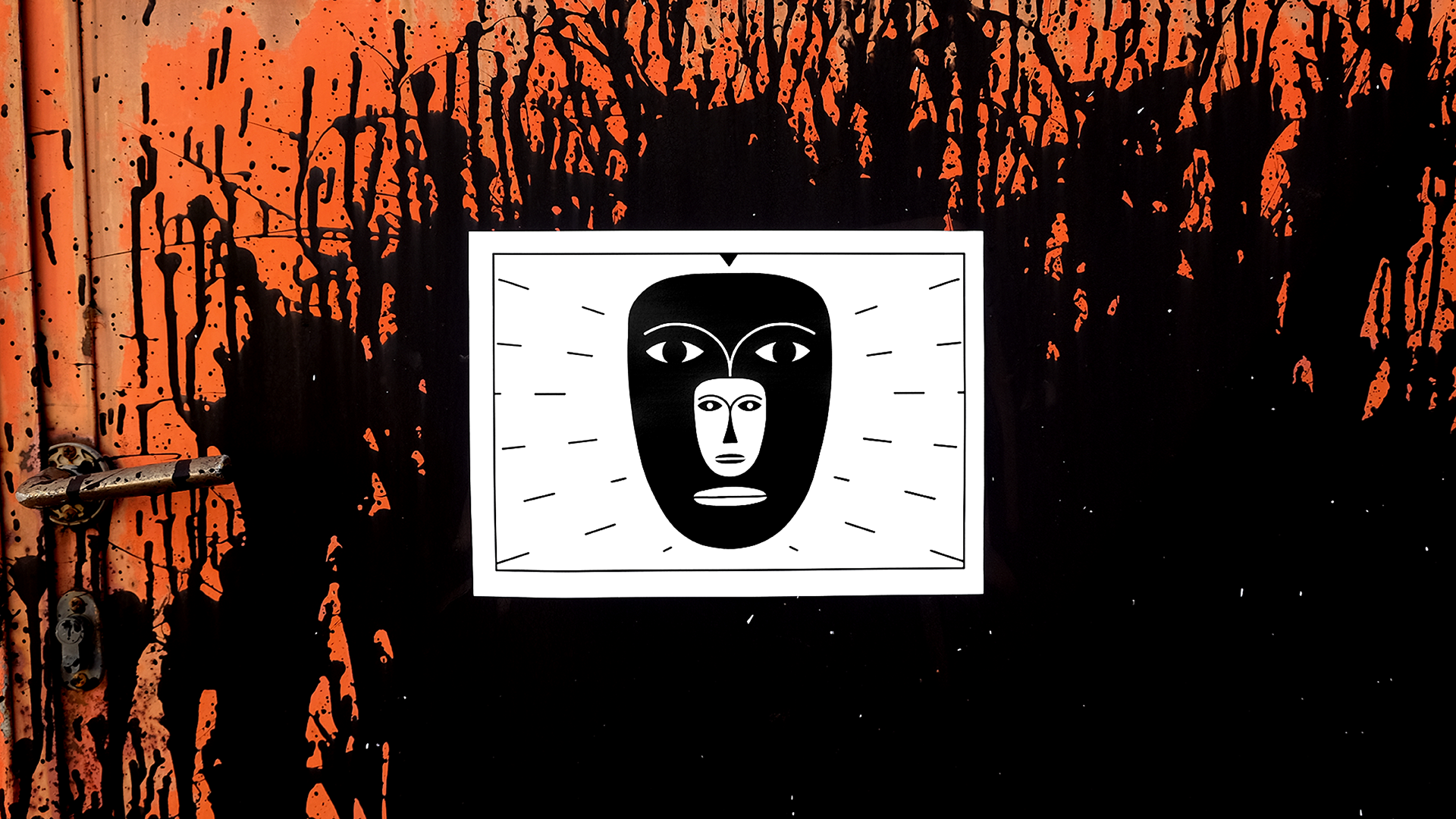 Abstract artwork featuring a black and white drawing of a face with multiple eyes and faces, set against a background with black and orange paint splatters and drips.