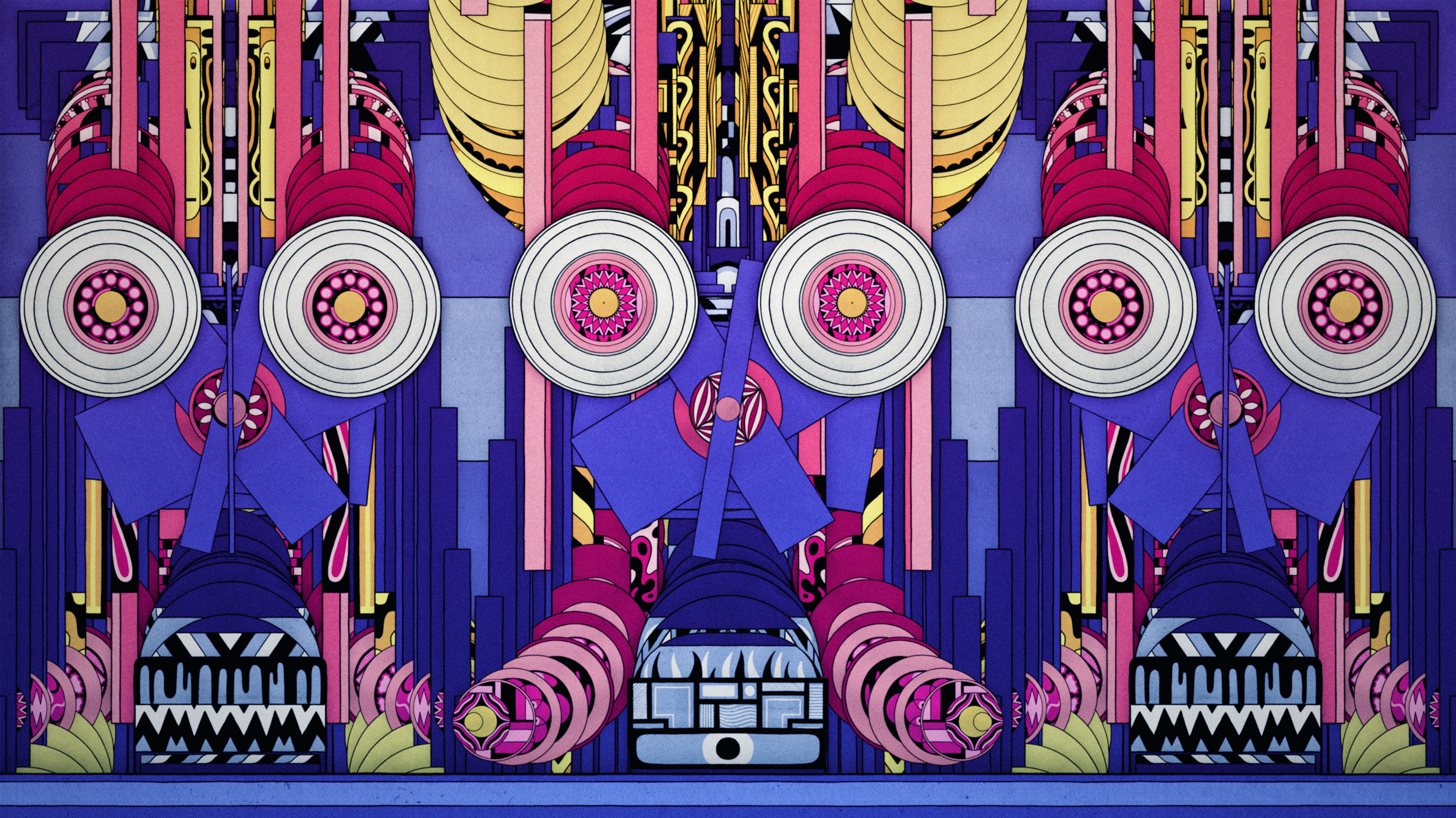 A symmetrical abstract digital artwork with geometric shapes in pink, purple, yellow, black, and white, creating a complex, layered composition.