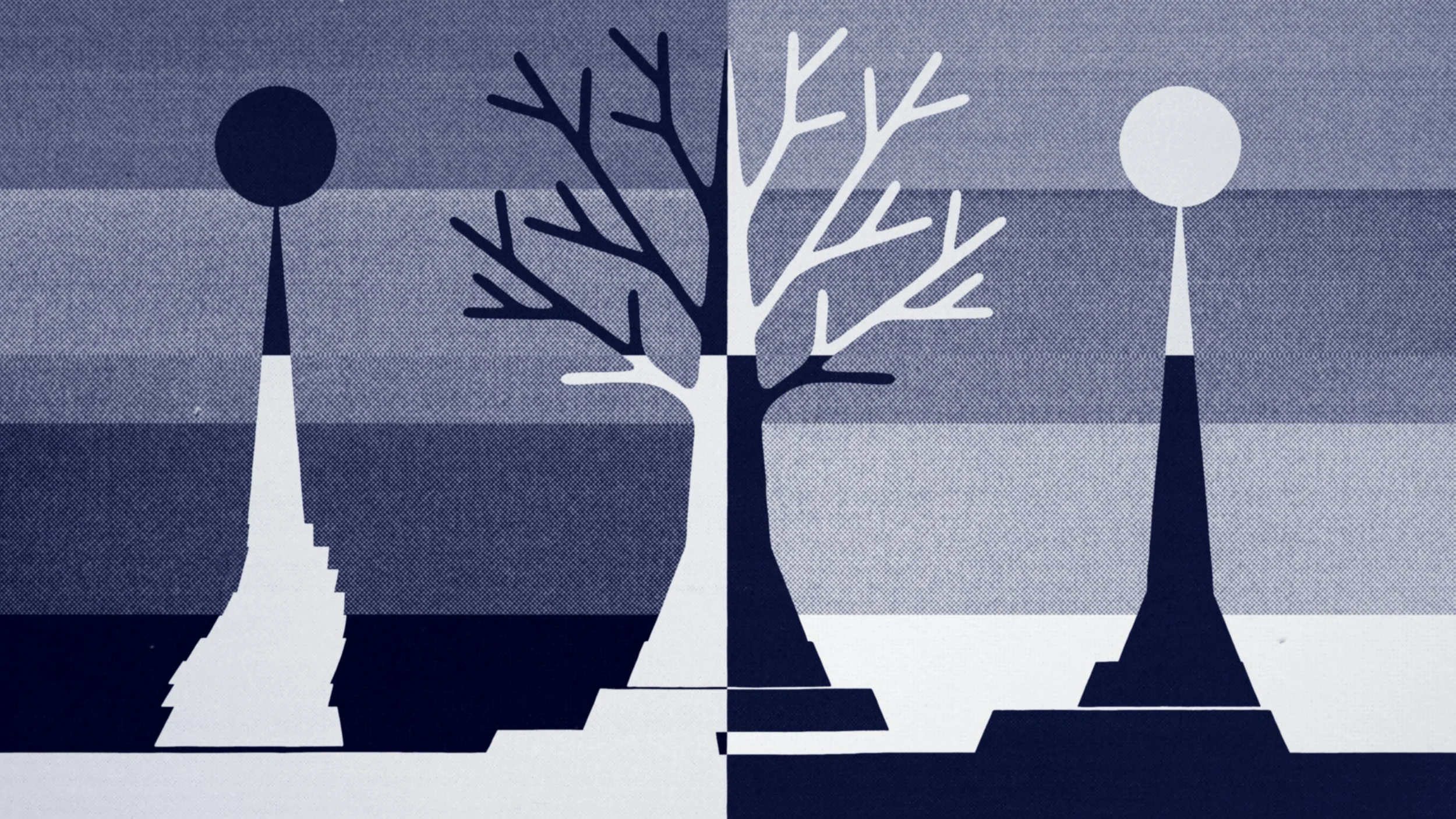 Stylized art of a winter landscape with a snow-covered ground, a leafless tree in the center, and two abstract structures with round tops on either side.