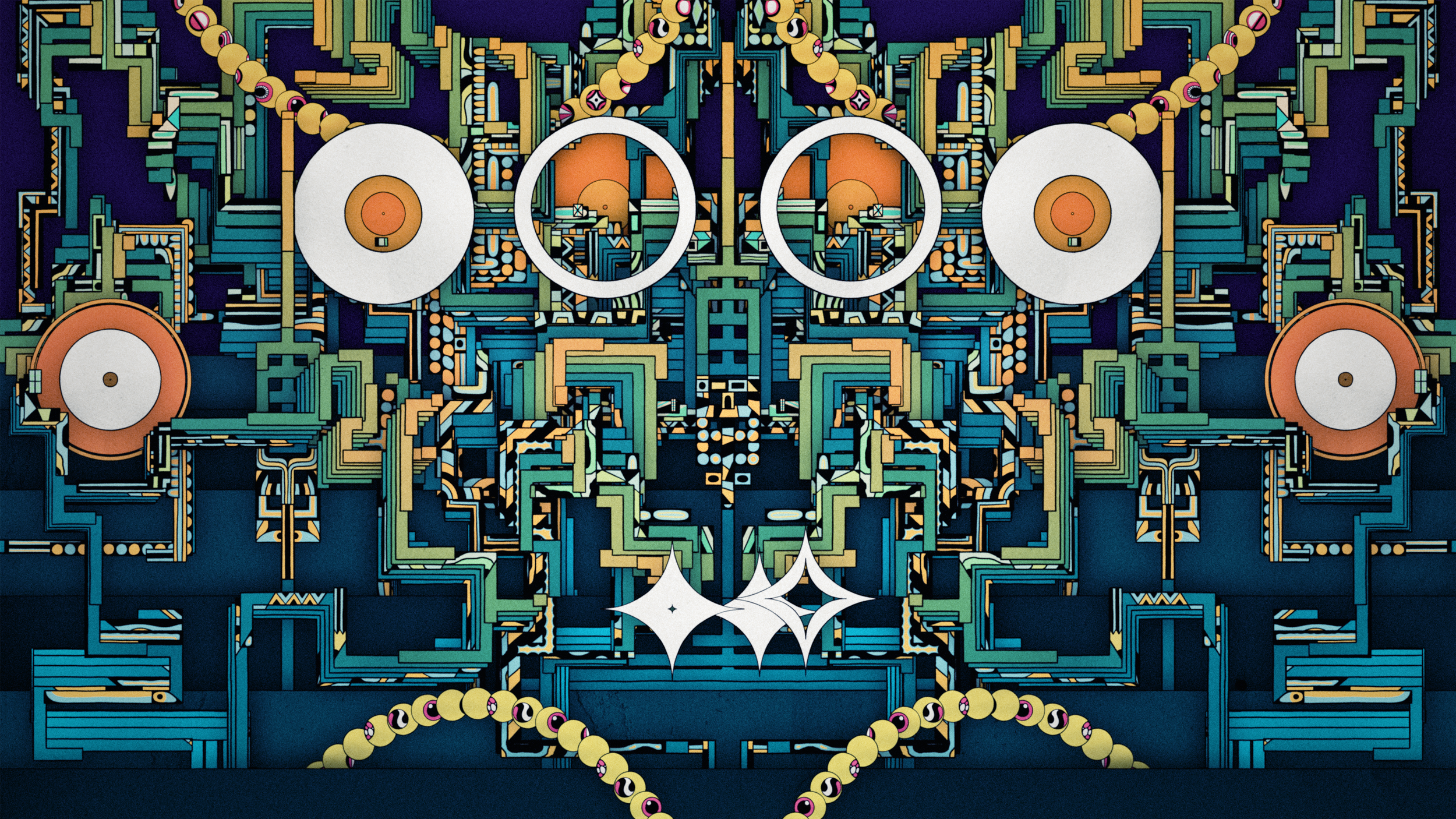 Abstract electronic circuit design with colorful geometric shapes, circular elements, and a symmetrical pattern.