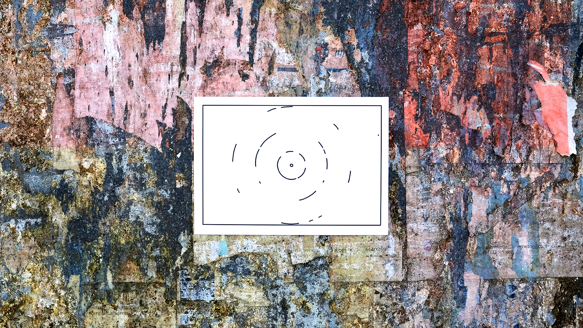 A collage of layered torn paper with various colors and textures, overlaid with a white rectangular card featuring a minimalist black concentric circle design.