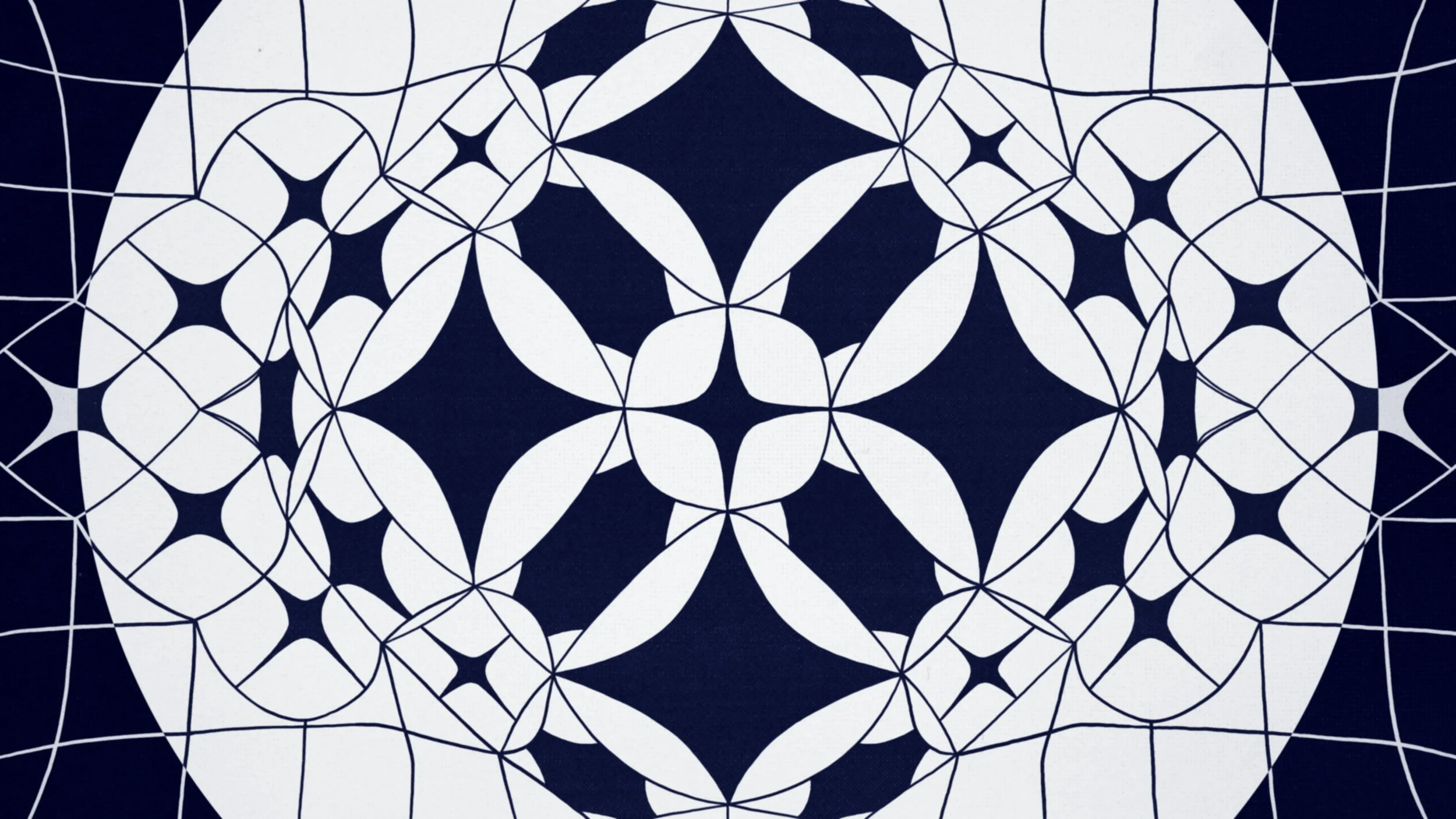 Abstract geometric pattern with interconnected white shapes and lines on a dark background.