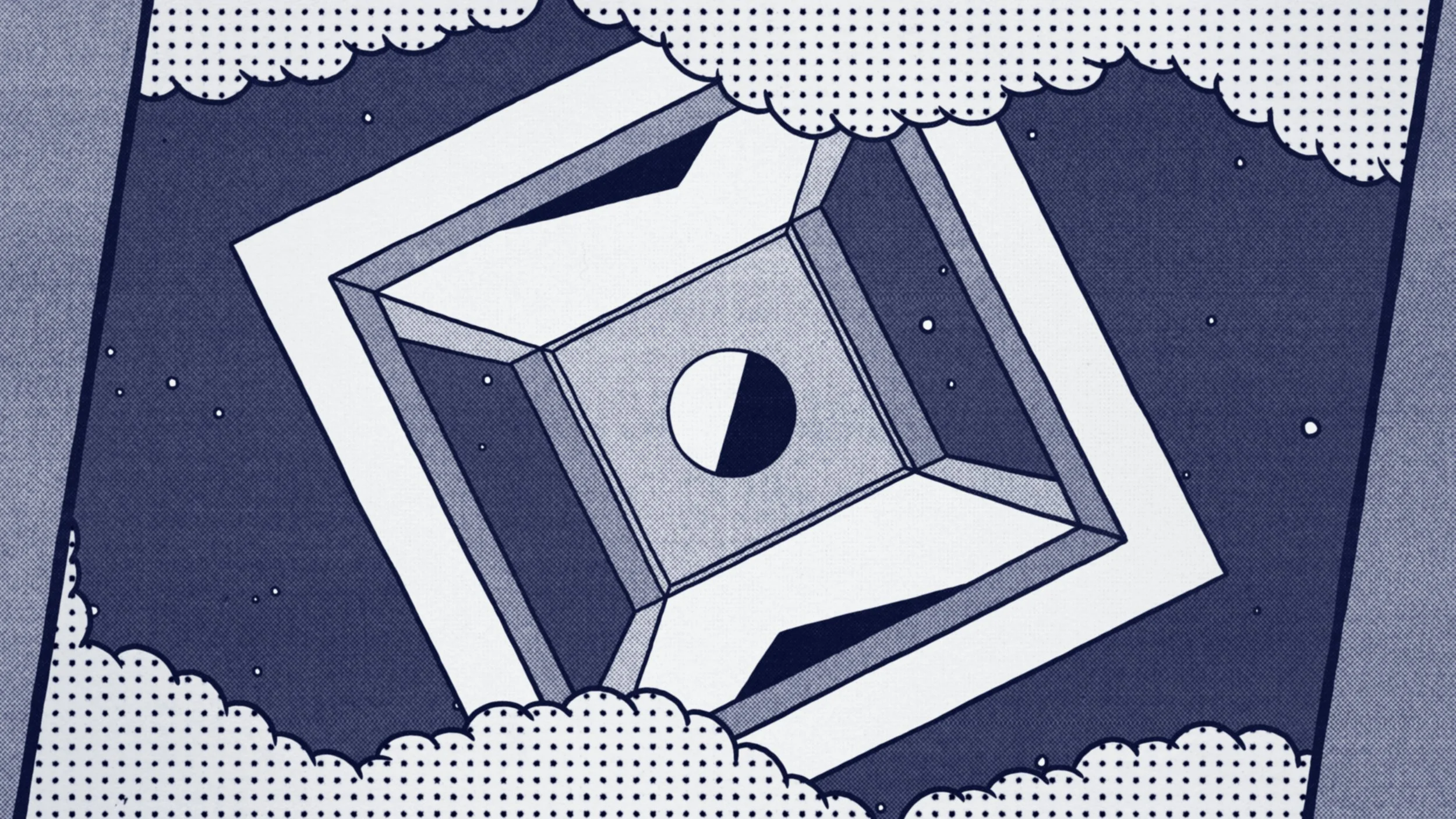 Retro comic book style illustration of a box with a circle on top, surrounded by clouds and stars.