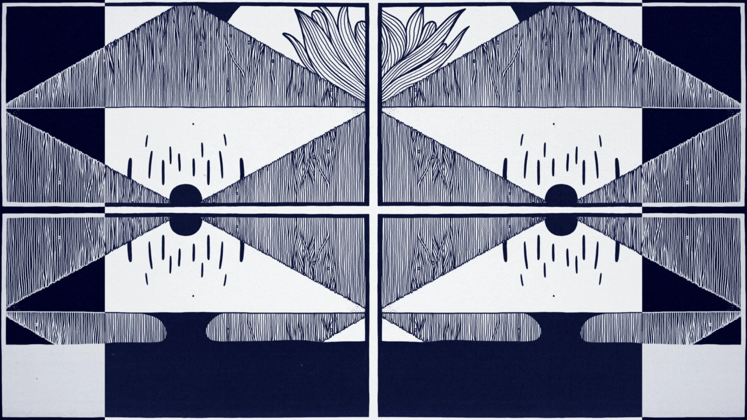 A black and white, symmetrical geometric illustration divided into four quadrants. It features patterns that resemble mountains, trees, and rain, with large circles and elongated shapes, creating a stylized, abstract landscape.