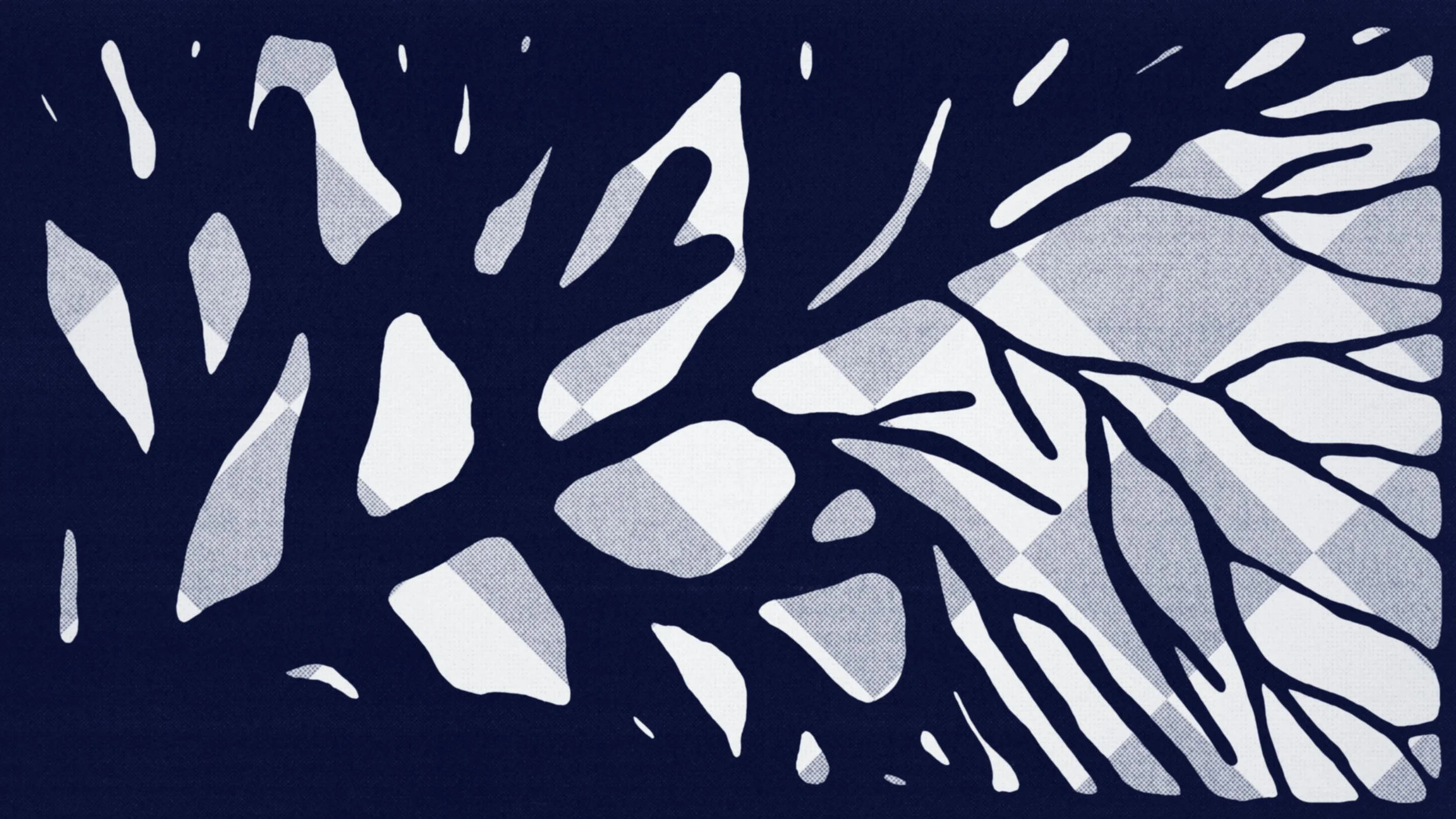 Abstract blue and white silhouette of tree branches and leaves.