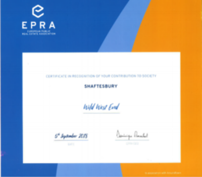   Award Category:  Outstanding Contribution to society   Awarding Body:  EPRA and Grand City Properties   Project:  Wild West End   Partner:  Shaftebsury   Year:  2018           
