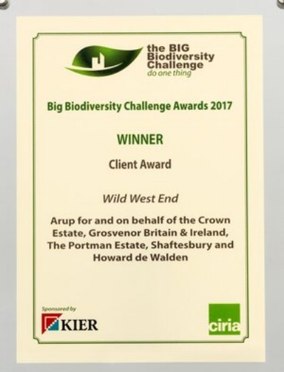   Award Category:  Client Award   Awarding Body:  the BIG Biodiversity Challenge   Project : Wild West End   Partner:  Arup, The Crown Estate, Grosvenor Britain &amp; Ireland, The Portman Estate, Shaftesbury and The Howard de Walden Estate   Year:  2