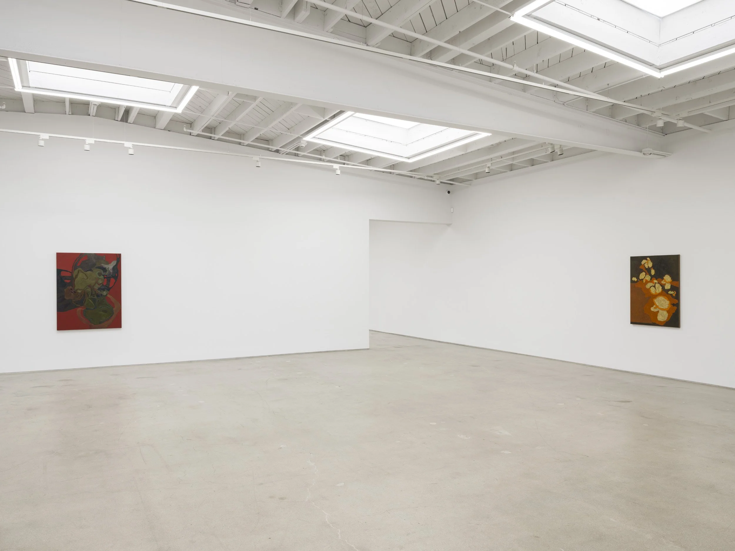 Installation view of Randy Wray: Hothouse at Karma, Los Angeles, 2026, showing two paintings across the gallery walls.