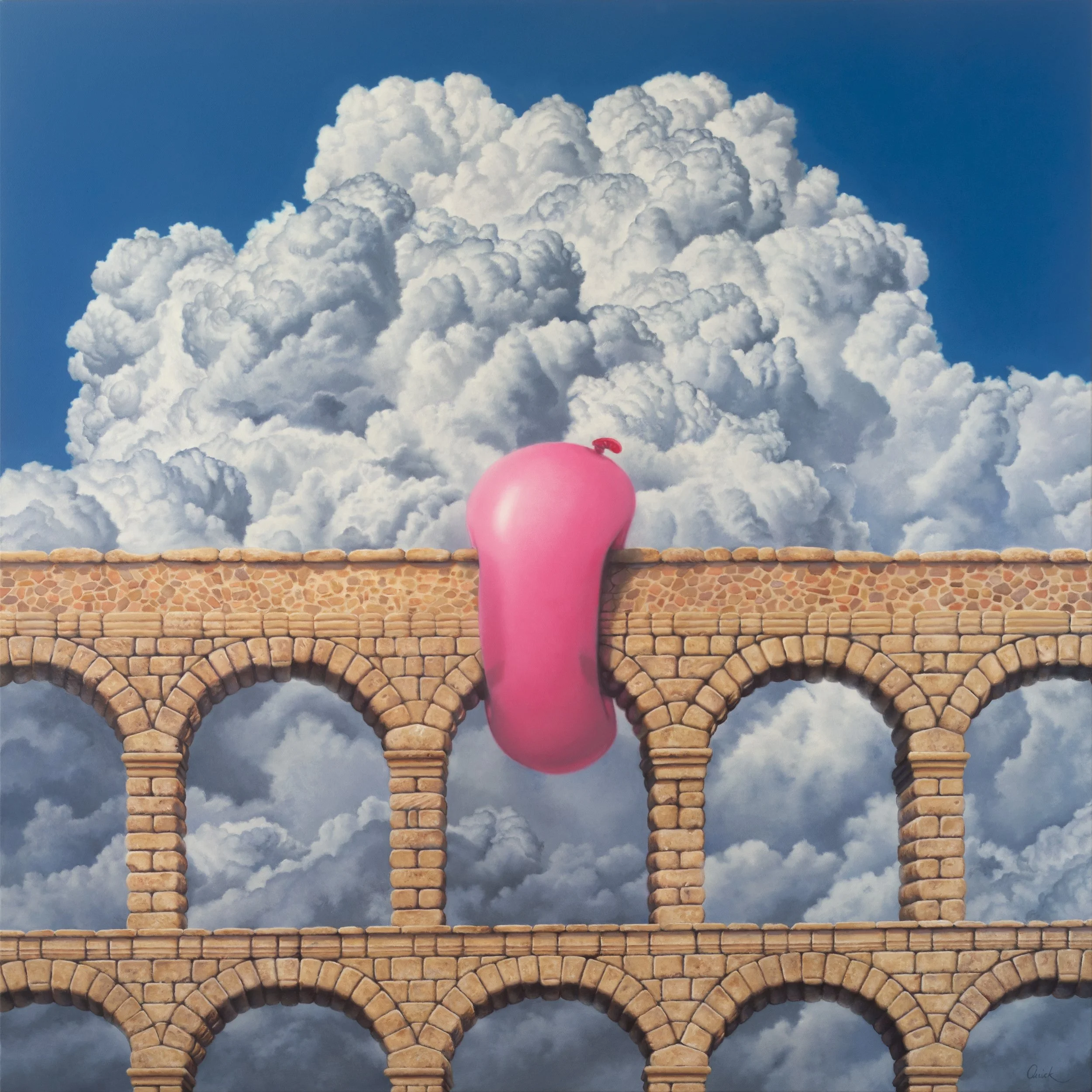 The Keystone takes the Roman aqueduct at Segovia as its starting point. At the centre of one of its monumental stone arches, the keystone has been replaced by a compressed pink balloon, apparently bearing the weight of the structure above it.