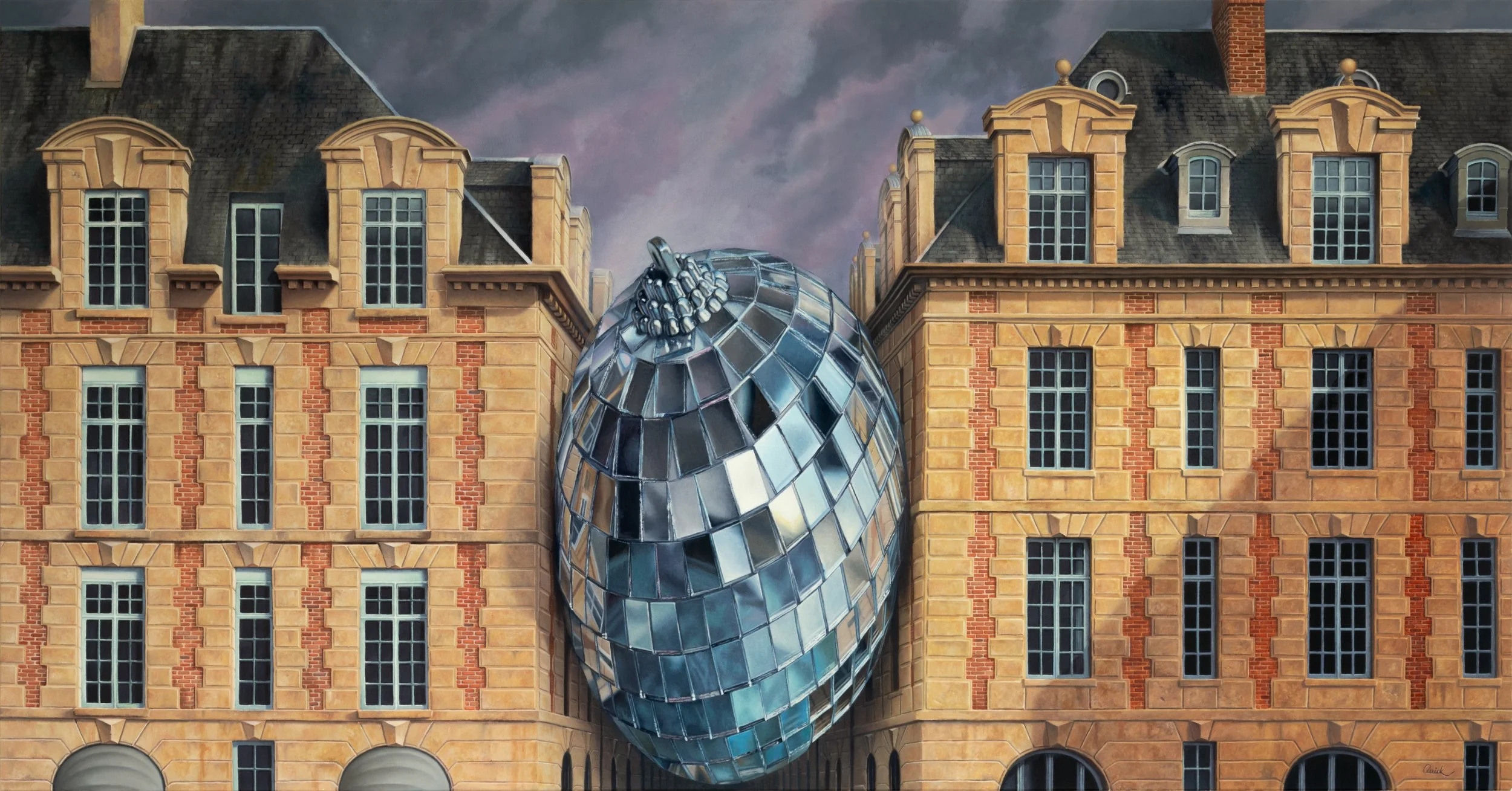 Giant mirrorball wedged between two French style buildings