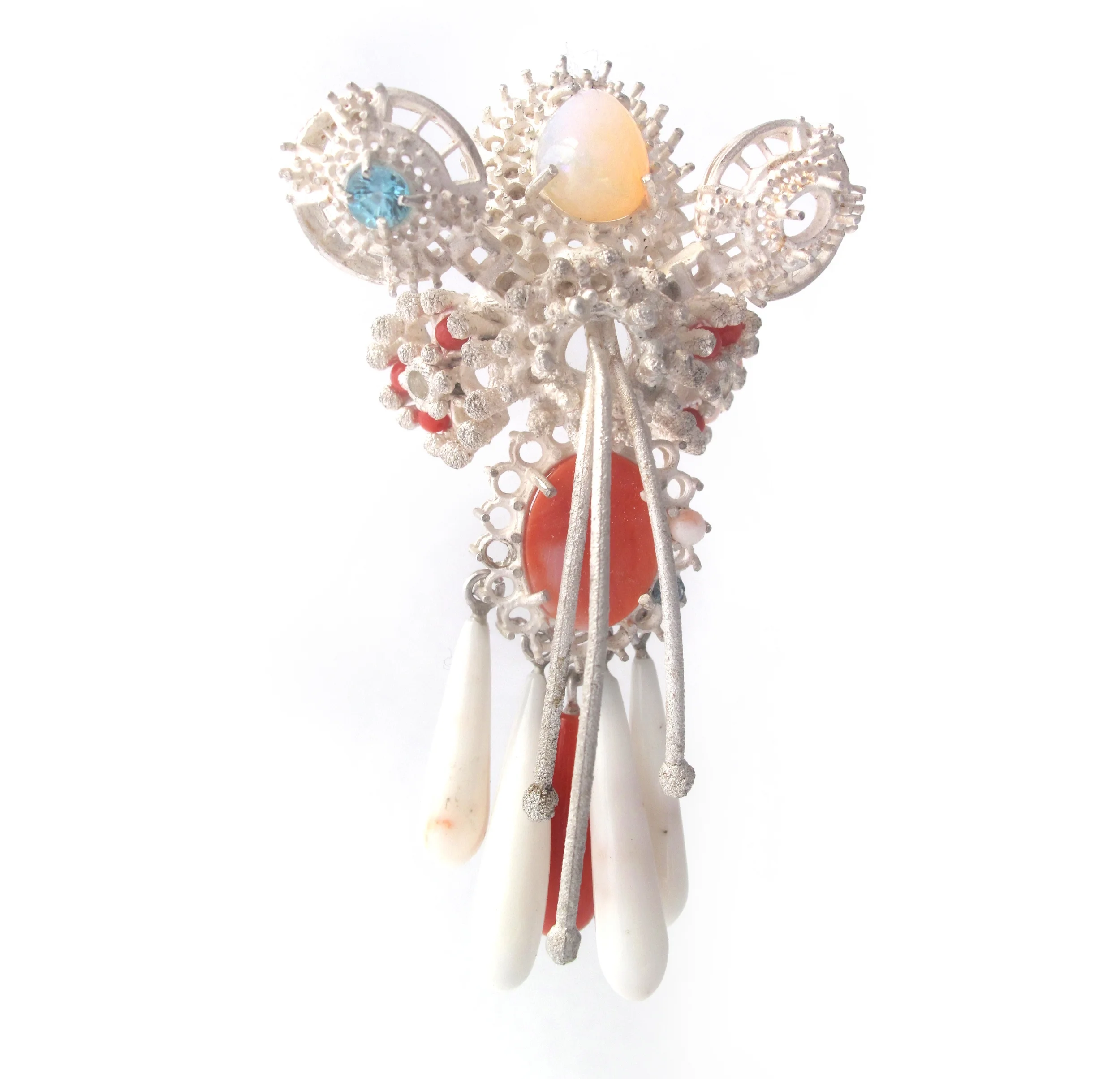 Flora Oblitus - silver, coral, opal, aquamarine, 8,2 x 5,2 x 2,2 cm, (2014)