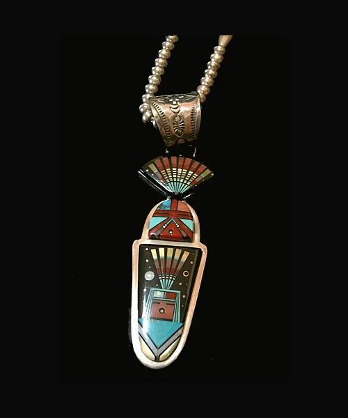 Native American jewelry Navajo Erwin Tsosie pendant, pinpoint inlay, silver chain 20"L + 4" pendant #MD90