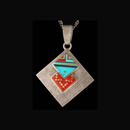 Navajo Indian pendant brushed silver reversible, square, turquoise and shell inlay. 2" x 2" #ME78