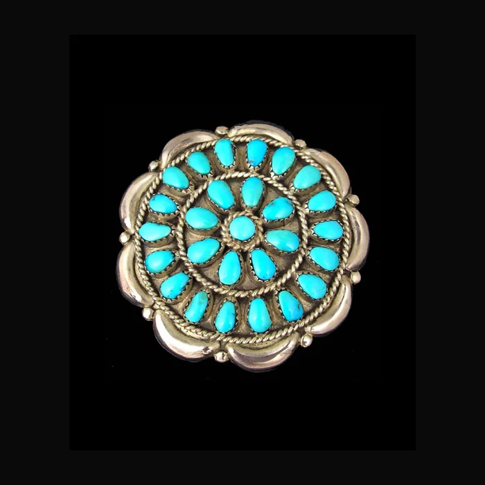 Zuni silver pin/pendant with rosette of turquoise cabochons. 2 1/2" D #W831