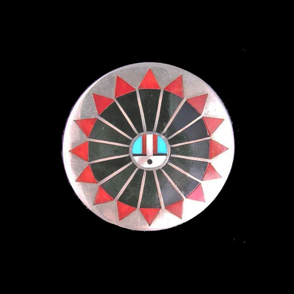 Zuni Natachu inlaid pin/pendant with sun face. 1 1/2" D #M757