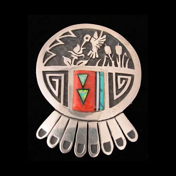 Native American Navajo Tommy Yazzie silver overlay, humming bird. 1 3/4" x 1 3/8" #M703