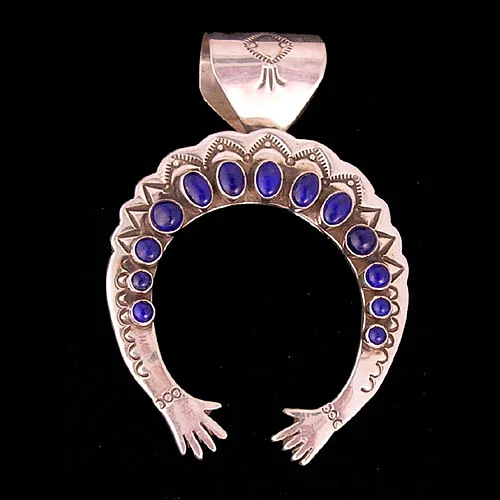 Dine' Native American pendant, naja with hands, 13 lapis cabs.2 3/4" x 17/8" #MP68