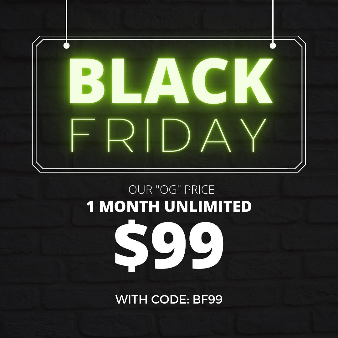 BLACK FRIDAY STARTS NOW! 🖤💥 
NOW through CYBER MONDAY we&rsquo;re throwing it back to our OG PRICE!!

Get ONE MONTH UNLIMITED RIDING FOR $99! 💚 WITH CODE: BF99 

it&rsquo;s giving 2014 &amp; we are HERE FOR IT!