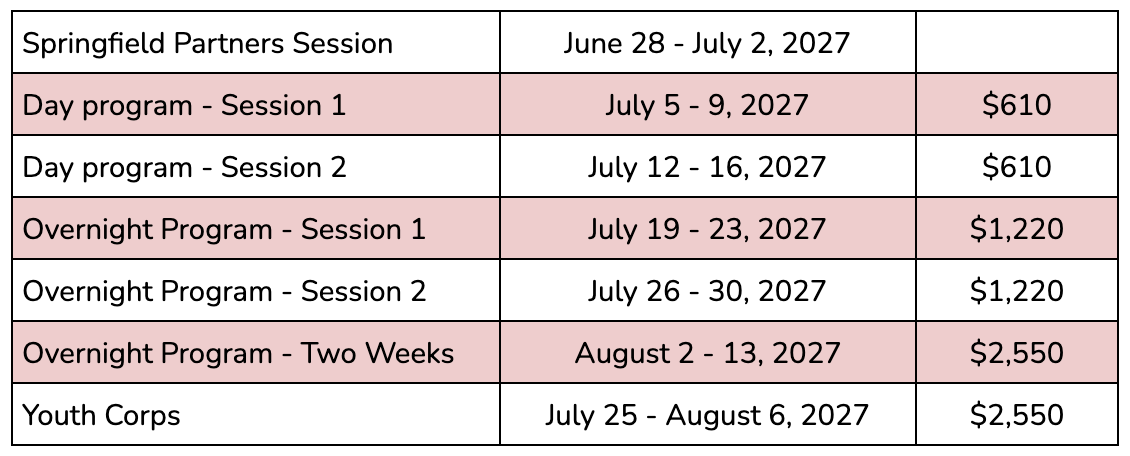 chart of program session dates and tuition prices