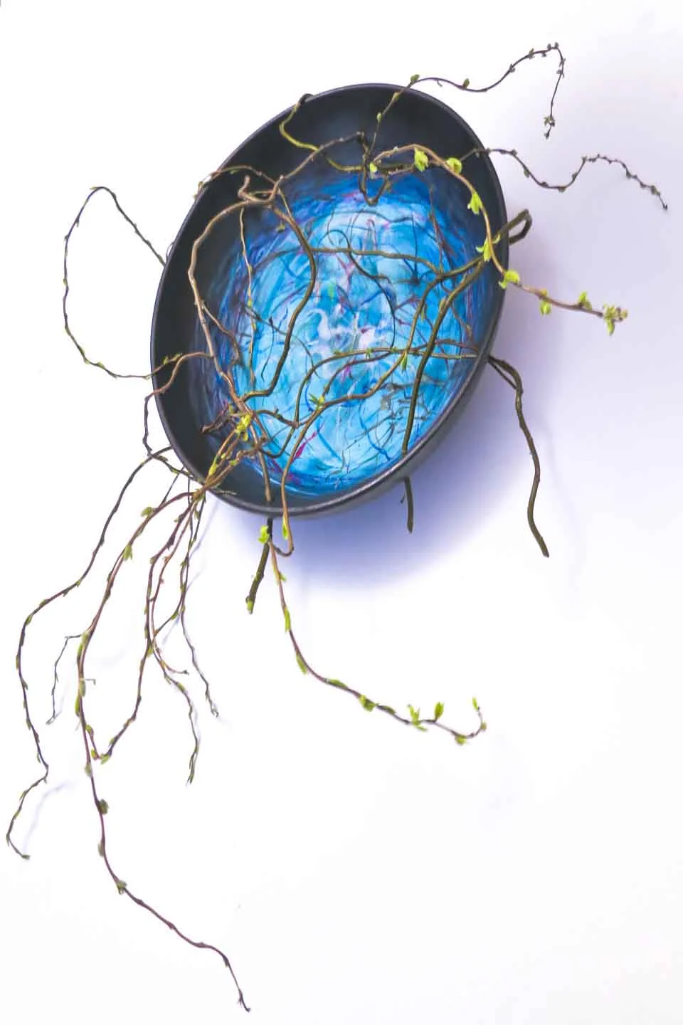 Curly pussy willow branches, acrylic and wax, 11" porcelain bowl 2013