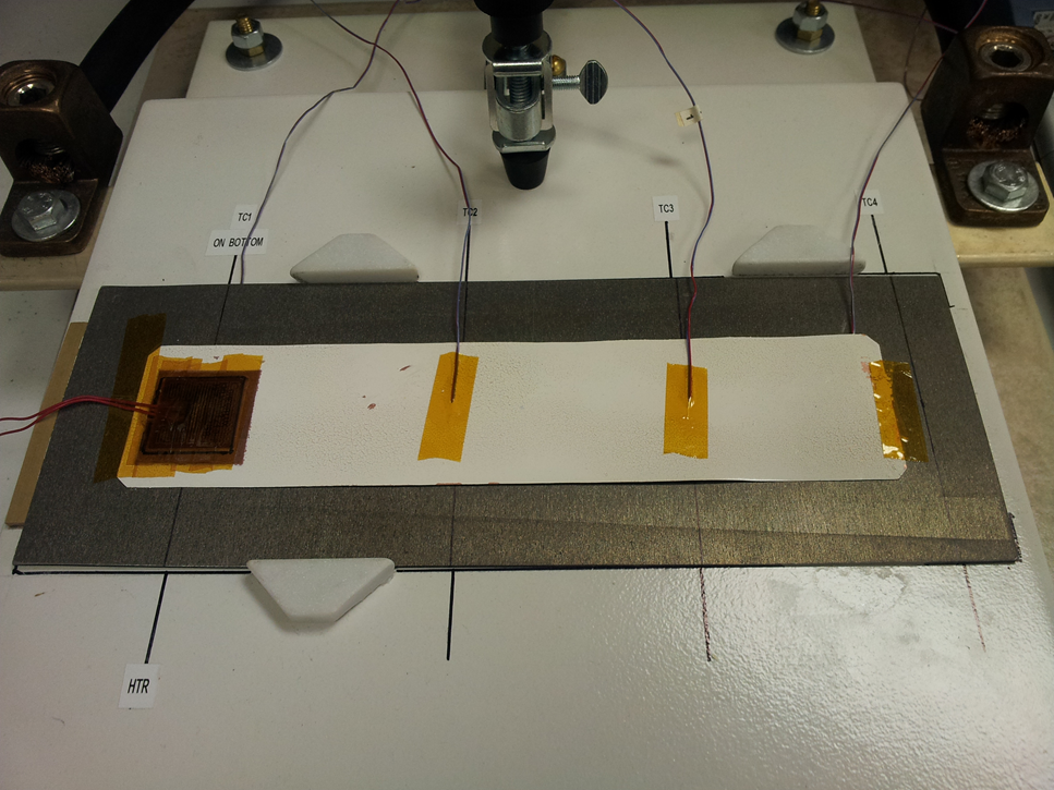Test setup demonstrating heat dissipation of TeraCopper foil. The chipset simulator produces heat and thermocouples monitor locations on the panel.