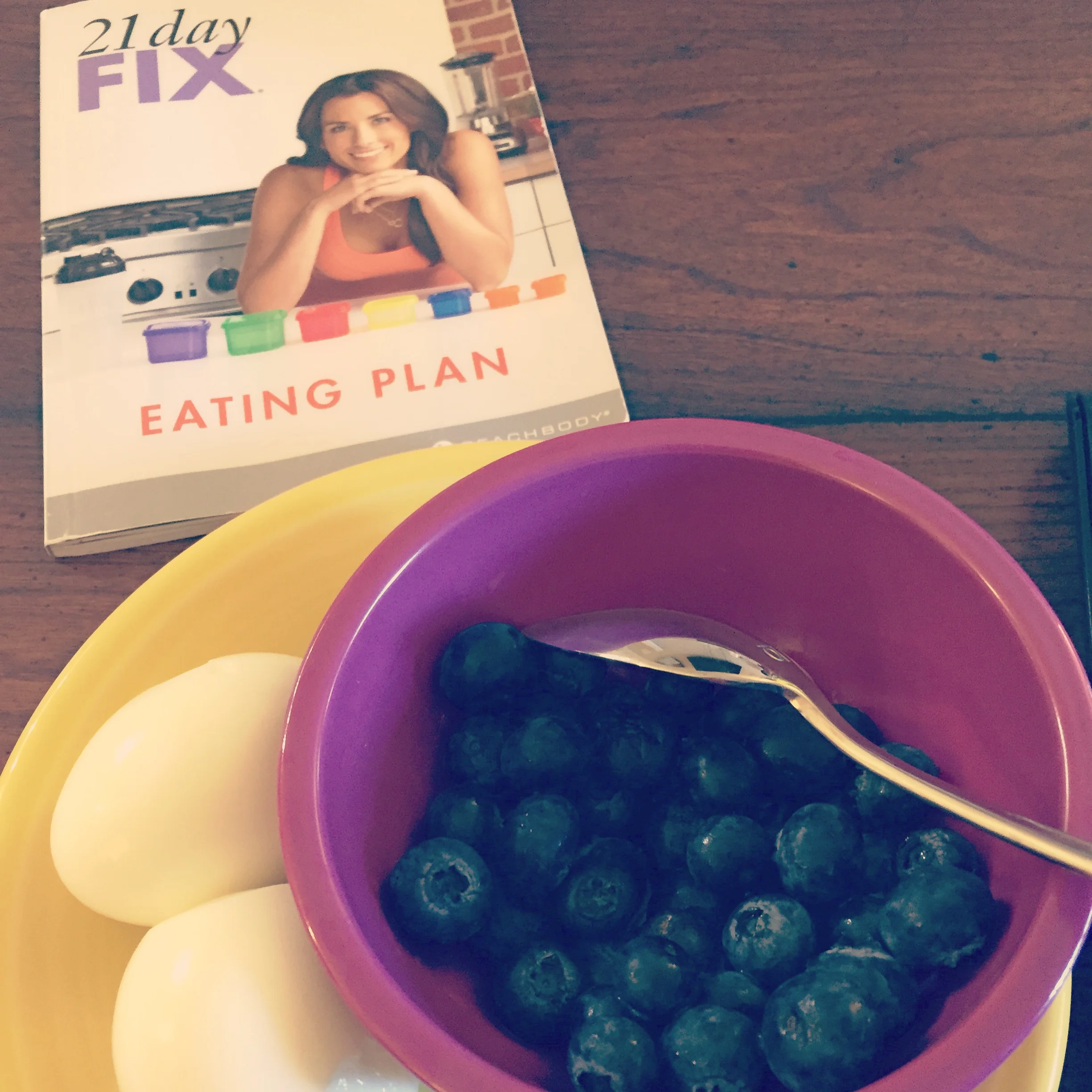 For example: 2 eggs equal one red container (protein), and this is a serving of blueberries which fits into the purple container for fruit! 