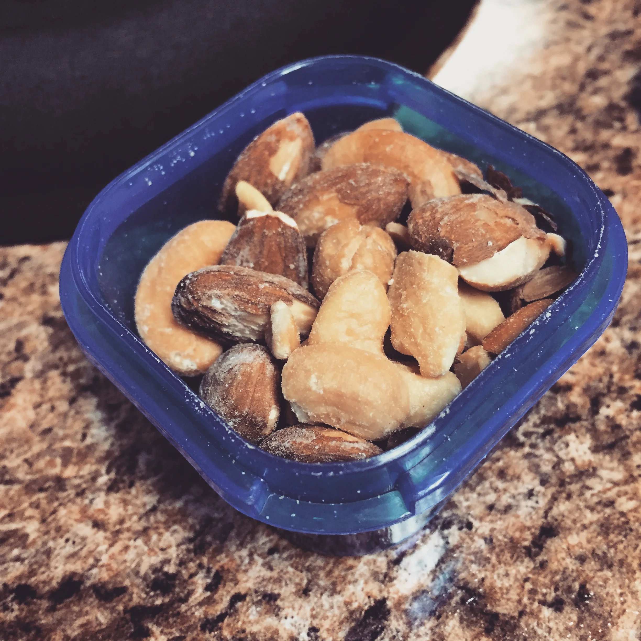 As many of you know, I am NUTS for nuts!!! But, this little blue container helped me see how I was way overeating these, and then complaining of tummy aches. Hmmm I wonder why? ;) 