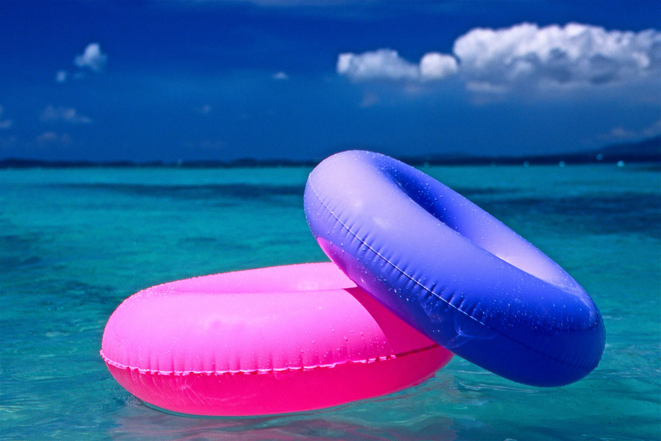 Pink and blue floats. Puerto Rico.