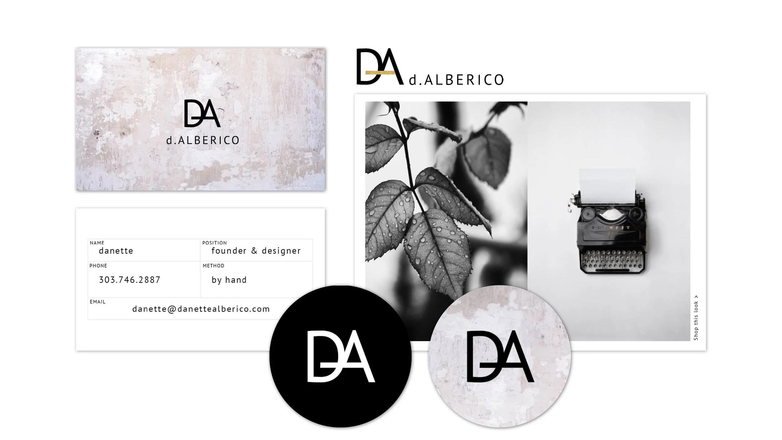 Stephanie Wencl, of SW Designs created collateral for Danette Alberico. These graphic design projects consists of Business Cards, stickers, tags and promotional cards