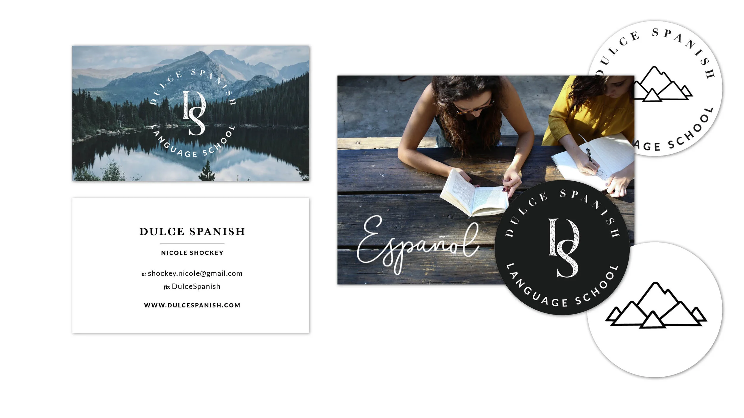 SW Designs created a cohesive brand with business cards, promotional cards, and social media logos for Dulce Spanish Language School In Boulder, CO.
