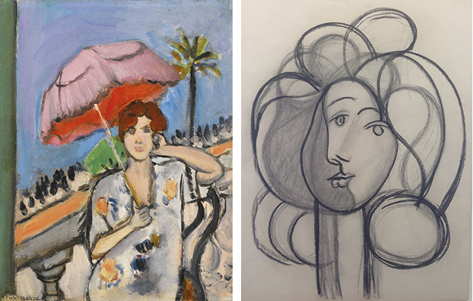 (left) Matisse, Femme a L'ombrelle and (right) Picasso, Charcoal Portrait of Francoise