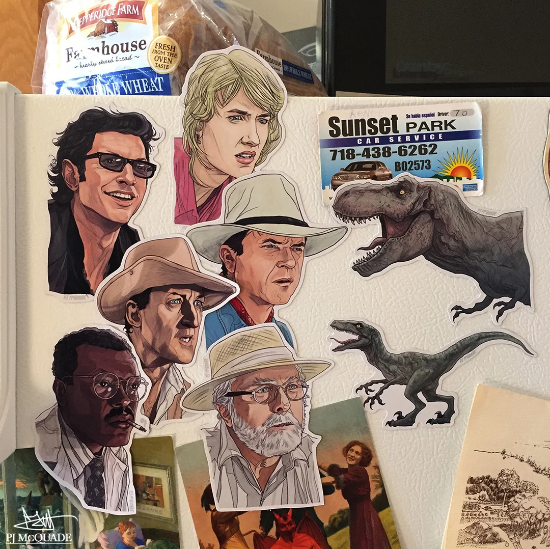Jurassic Park fridge magnets 2019 PJ McQuade 2018.jpg