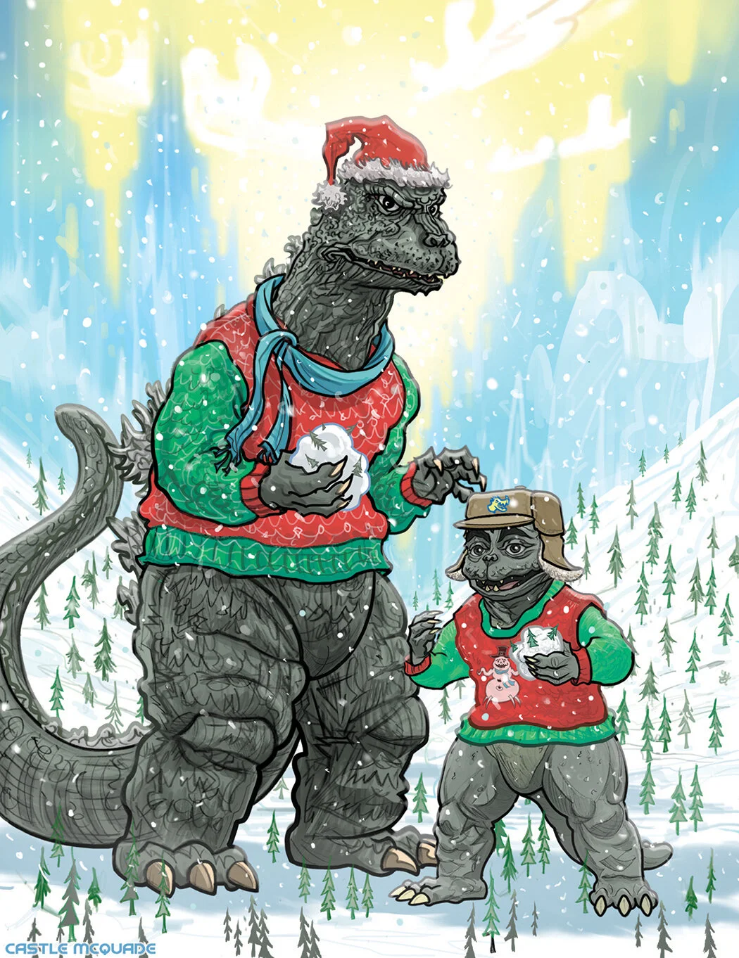 Godzilla Monster Island Christmas Card Castle McQuade.jpg