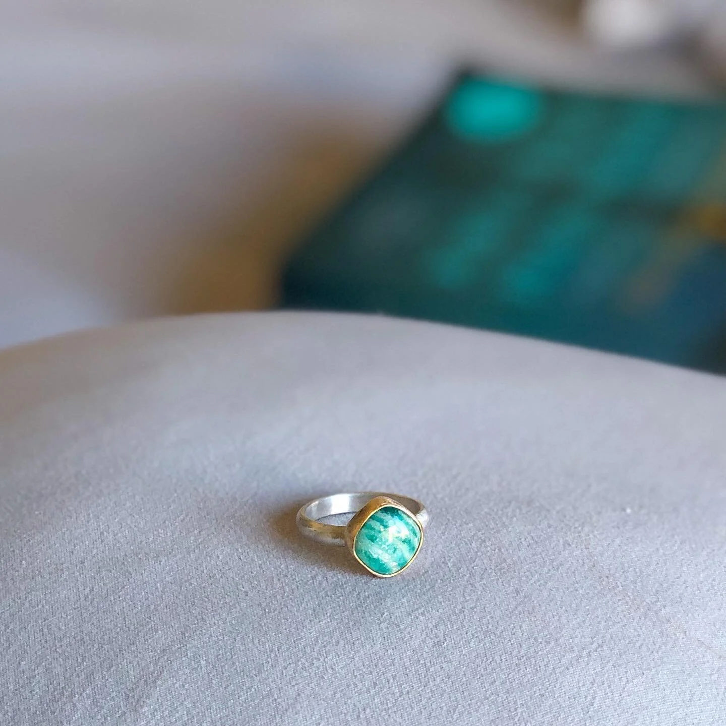 Sand &amp; sea vibes ~ love how this stone looks like crashing waves 🏝
.
.
.
Details:
14k gold-filled and sterling silver metal (easily styled with other gold or silver pieces)

8.72ct cushion shape opaque amazonite stone

Size 7-7.5; $68 + shipping