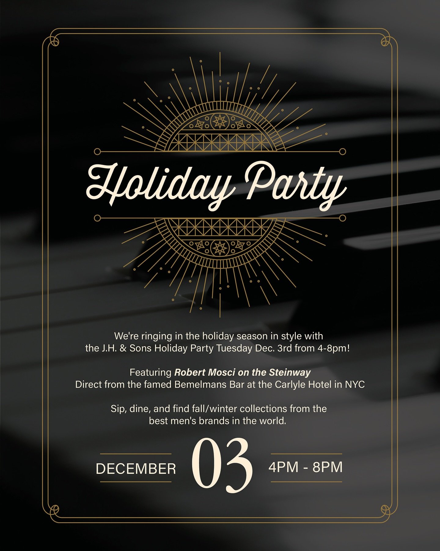 Time to party!  J.H. Omaha&rsquo;s annual holiday party is TONIGHT from 4-8pm featuring special guest Robert Mosci 🎹 all the way from Manhattan&rsquo;s Bemelmans Bar at the Carlyle Hotel 🏙️ 

Plus get 20% off purchases during the party!

See you th