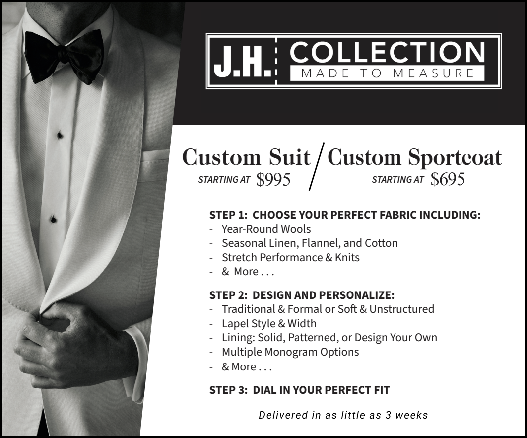 Custom Made to Measure Graphic featuring text and a man in a white dinner jacket