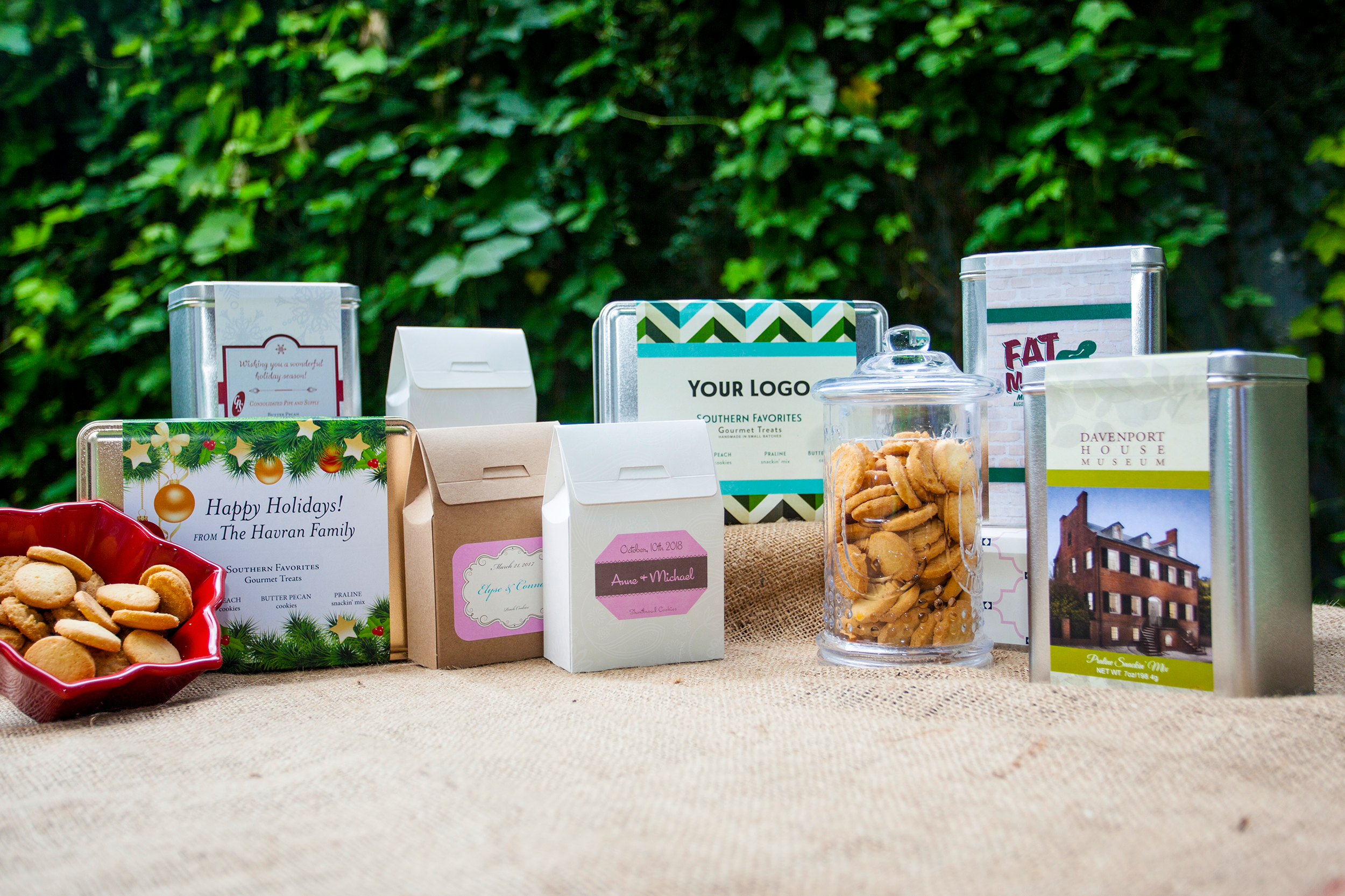 Assortment of custom labels for weddings, holidays, and businesses.