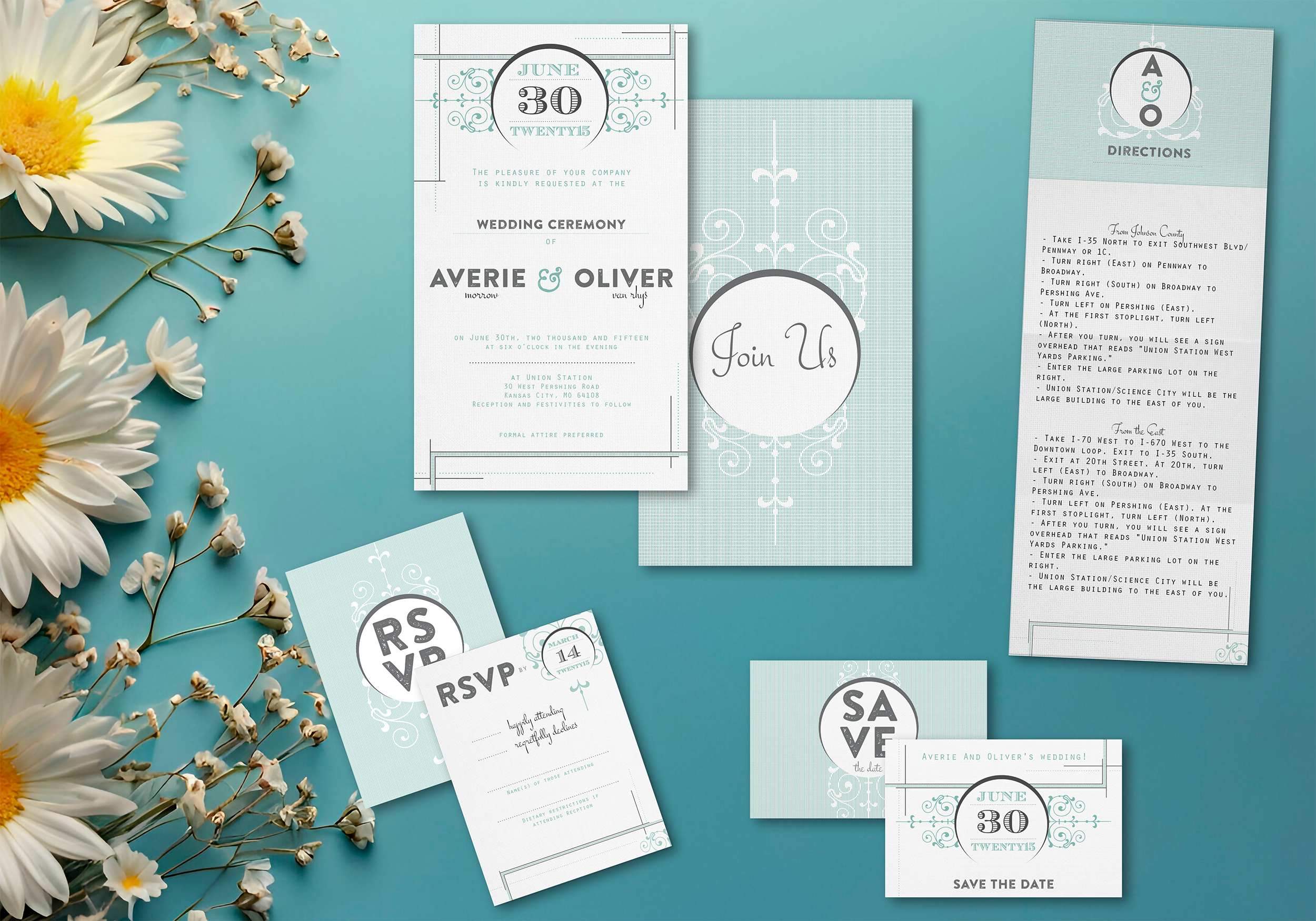 Vintage inspired wedding packet including invitations, save the date, rsvp, & directions card.