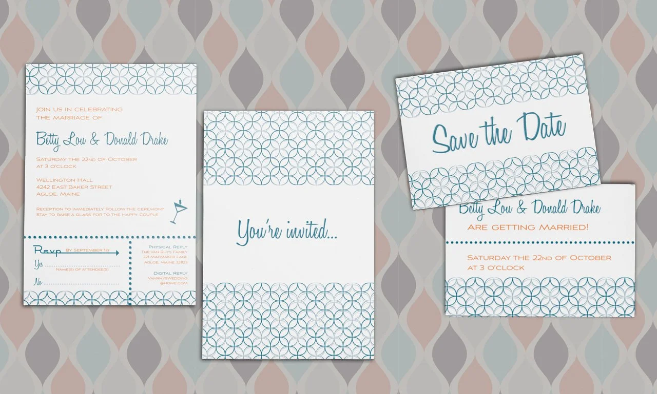 Wedding invitation featuring a tear off rsvp card & save the date.